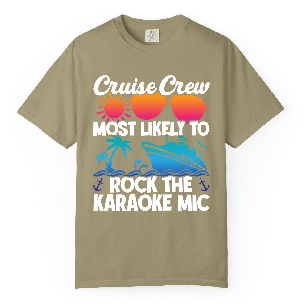 Cruise Crew Shirt - Fun Karaoke Party Vacation Group Apparel (Comfort Color) in Khaki - Cruise Crew Karaoke Party Shirt - Tropical Sunset Sunglasses Design