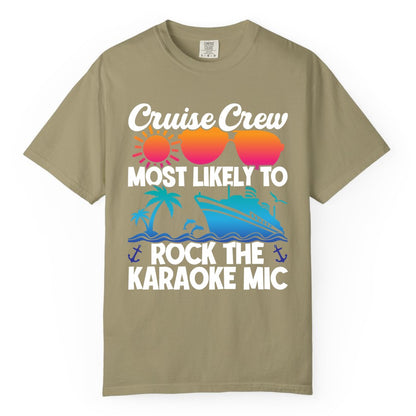 Cruise Crew Shirt - Fun Karaoke Party Vacation Group Apparel (Comfort Color) in Khaki - Cruise Crew Karaoke Party Shirt - Tropical Sunset Sunglasses Design
