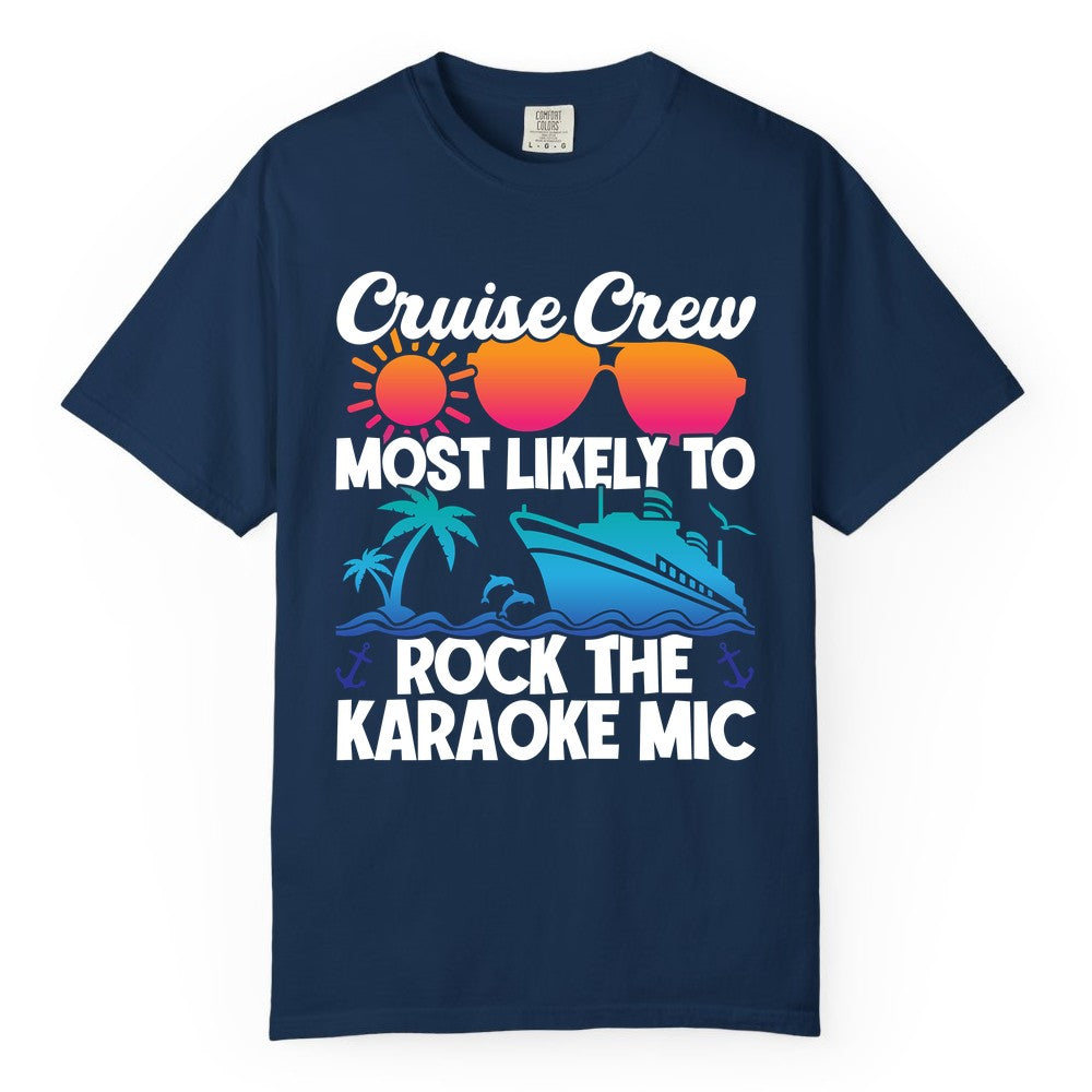 Cruise Crew Shirt - Fun Karaoke Party Vacation Group Apparel (Comfort Color) in Navy - Cruise Crew Karaoke Party Shirt - Tropical Sunset Sunglasses Design