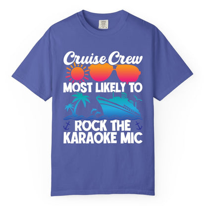 Cruise Crew Shirt - Fun Karaoke Party Vacation Group Apparel (Comfort Color) in Periwinkle - Cruise Crew Karaoke Party Shirt - Tropical Sunset Sunglasses Design