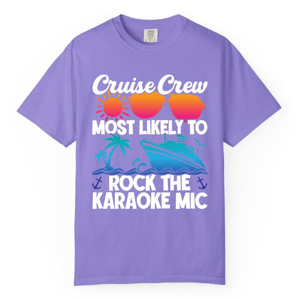 Cruise Crew Shirt - Fun Karaoke Party Vacation Group Apparel (Comfort Color) in Violet - Cruise Crew Karaoke Party Shirt - Tropical Sunset Sunglasses Design