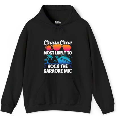 Cruise Crew Shirt - Fun Karaoke Party Vacation Group Apparel (Hoodie) in Black - Cruise Crew Karaoke Party Shirt - Tropical Sunset Sunglasses Design
