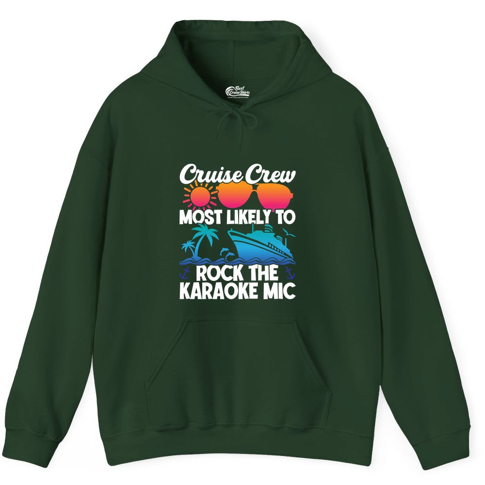 Cruise Crew Shirt - Fun Karaoke Party Vacation Group Apparel (Hoodie) in Forest Green - Cruise Crew Karaoke Party Shirt - Tropical Sunset Sunglasses Design