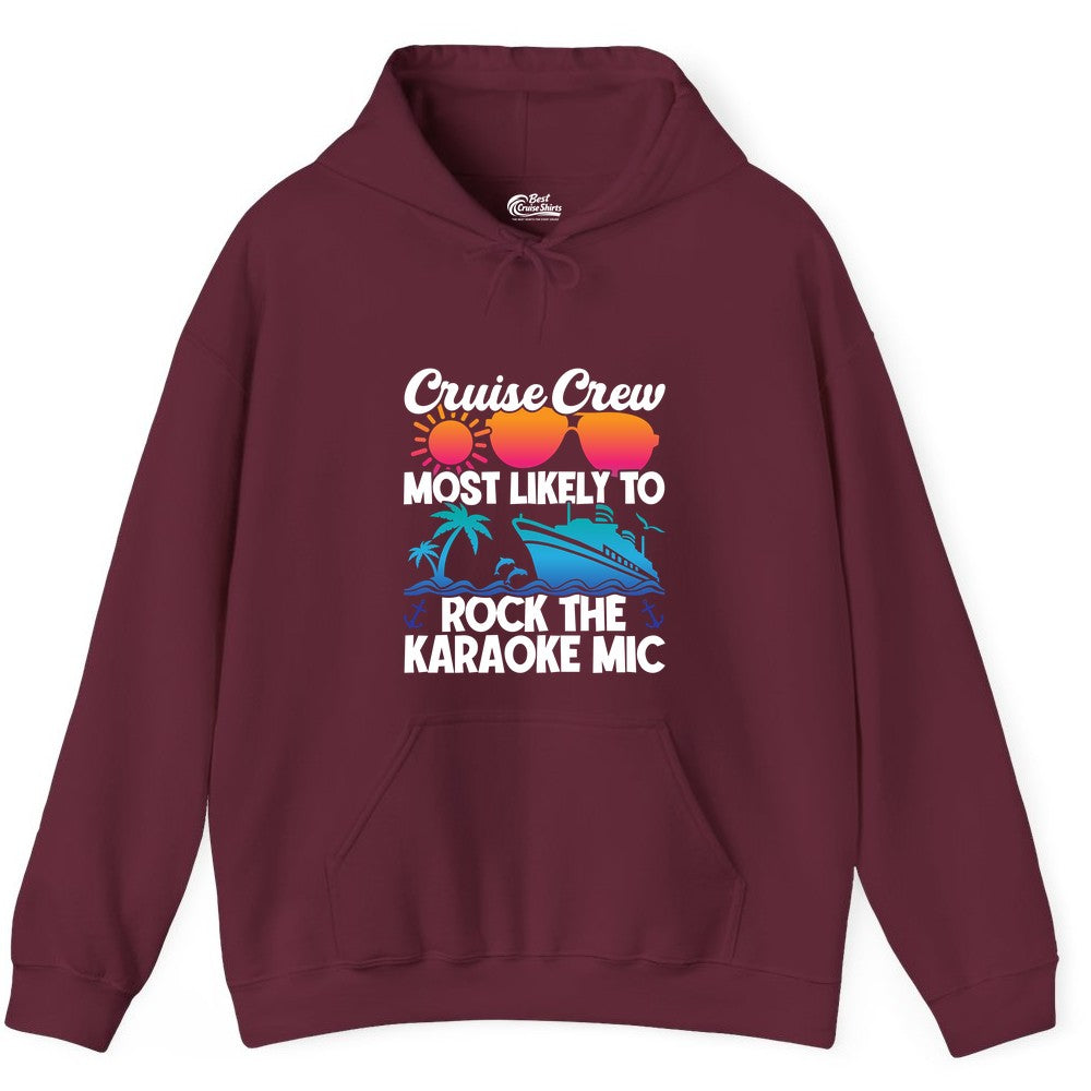 Cruise Crew Shirt - Fun Karaoke Party Vacation Group Apparel (Hoodie) in Maroon - Cruise Crew Karaoke Party Shirt - Tropical Sunset Sunglasses Design