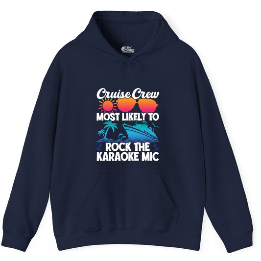 Cruise Crew Shirt - Fun Karaoke Party Vacation Group Apparel (Hoodie) in Navy - Cruise Crew Karaoke Party Shirt - Tropical Sunset Sunglasses Design