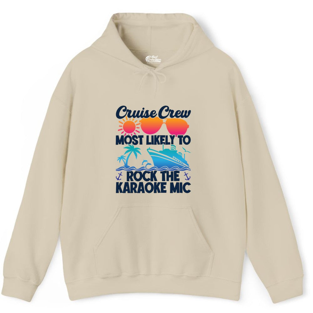 Cruise Crew Shirt - Fun Karaoke Party Vacation Group Apparel (Hoodie) in Sand - Cruise Crew Karaoke Party Shirt - Tropical Sunset Sunglasses Design