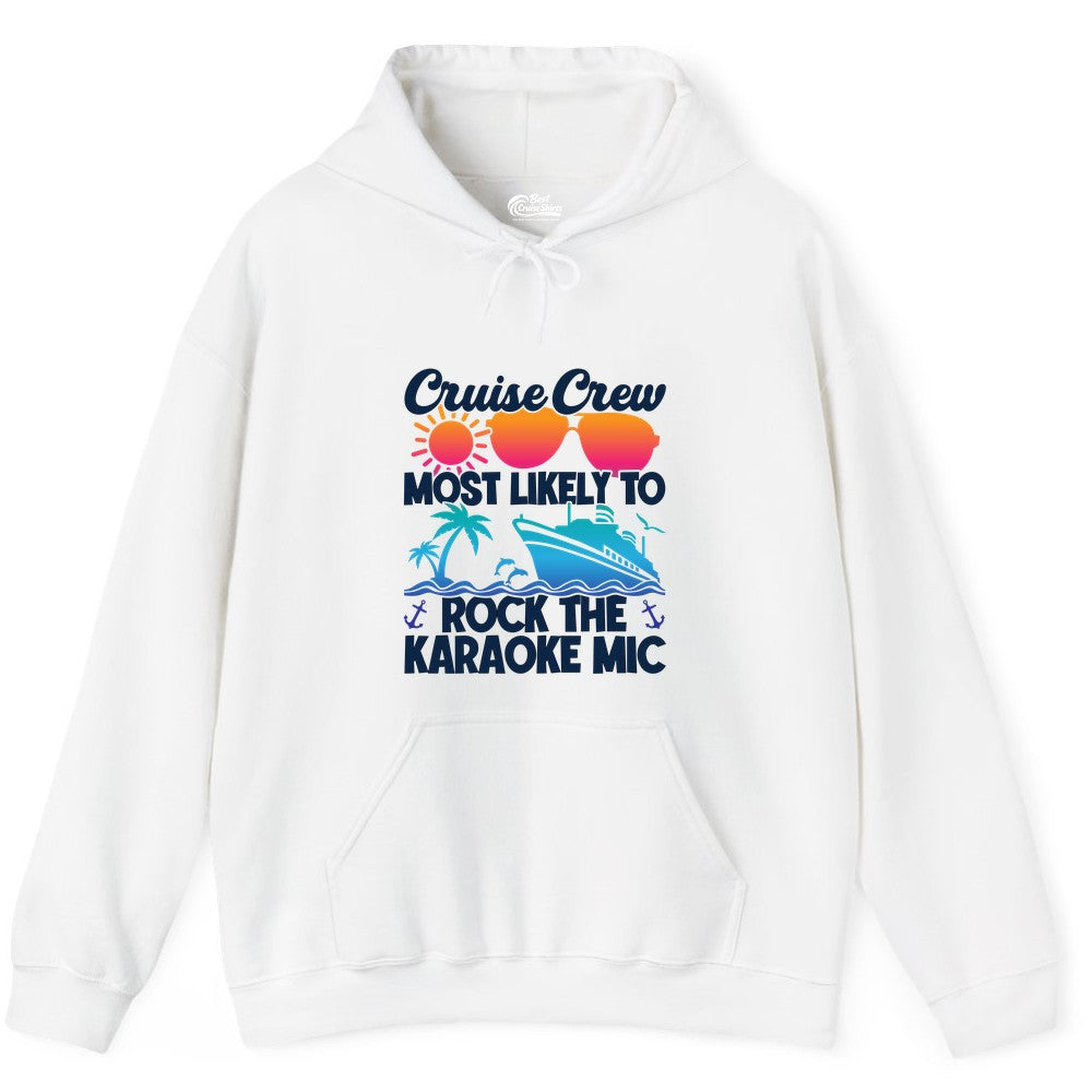 Cruise Crew Shirt - Fun Karaoke Party Vacation Group Apparel (Hoodie) in White - Cruise Crew Karaoke Party Shirt - Tropical Sunset Sunglasses Design