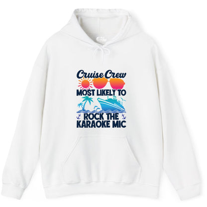 Cruise Crew Shirt - Fun Karaoke Party Vacation Group Apparel (Hoodie) in White - Cruise Crew Karaoke Party Shirt - Tropical Sunset Sunglasses Design