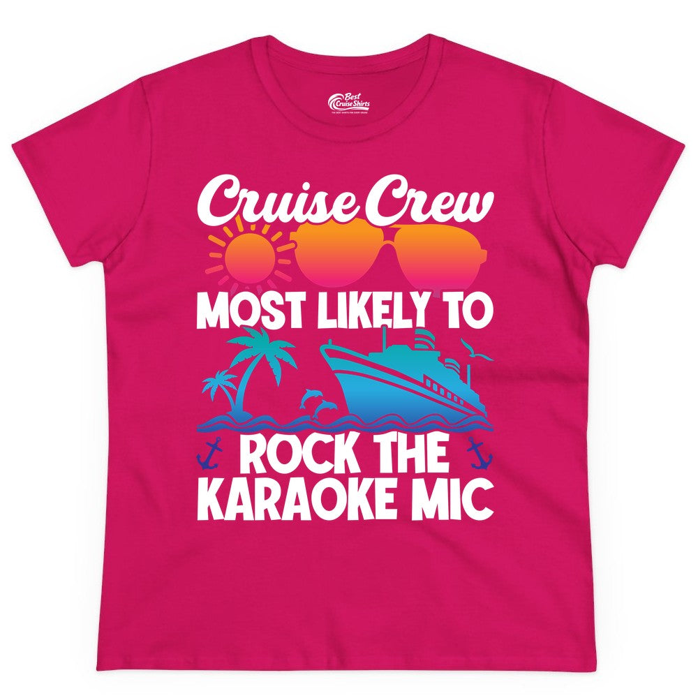 Cruise Crew Shirt - Fun Karaoke Party Vacation Group Apparel (Ladies Tee) in Heliconia - Cruise Crew Karaoke Party Shirt - Tropical Sunset Sunglasses Design