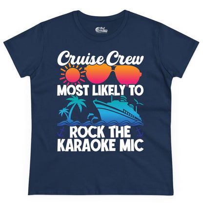 Cruise Crew Shirt - Fun Karaoke Party Vacation Group Apparel (Ladies Tee) in Navy - Cruise Crew Karaoke Party Shirt - Tropical Sunset Sunglasses Design