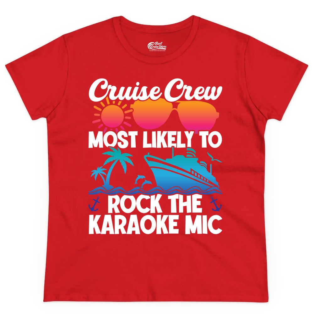 Cruise Crew Shirt - Fun Karaoke Party Vacation Group Apparel (Ladies Tee) in Red - Cruise Crew Karaoke Party Shirt - Tropical Sunset Sunglasses Design