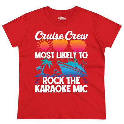 Cruise Crew Shirt - Fun Karaoke Party Vacation Group Apparel (Ladies Tee) in Red - Cruise Crew Karaoke Party Shirt - Tropical Sunset Sunglasses Design