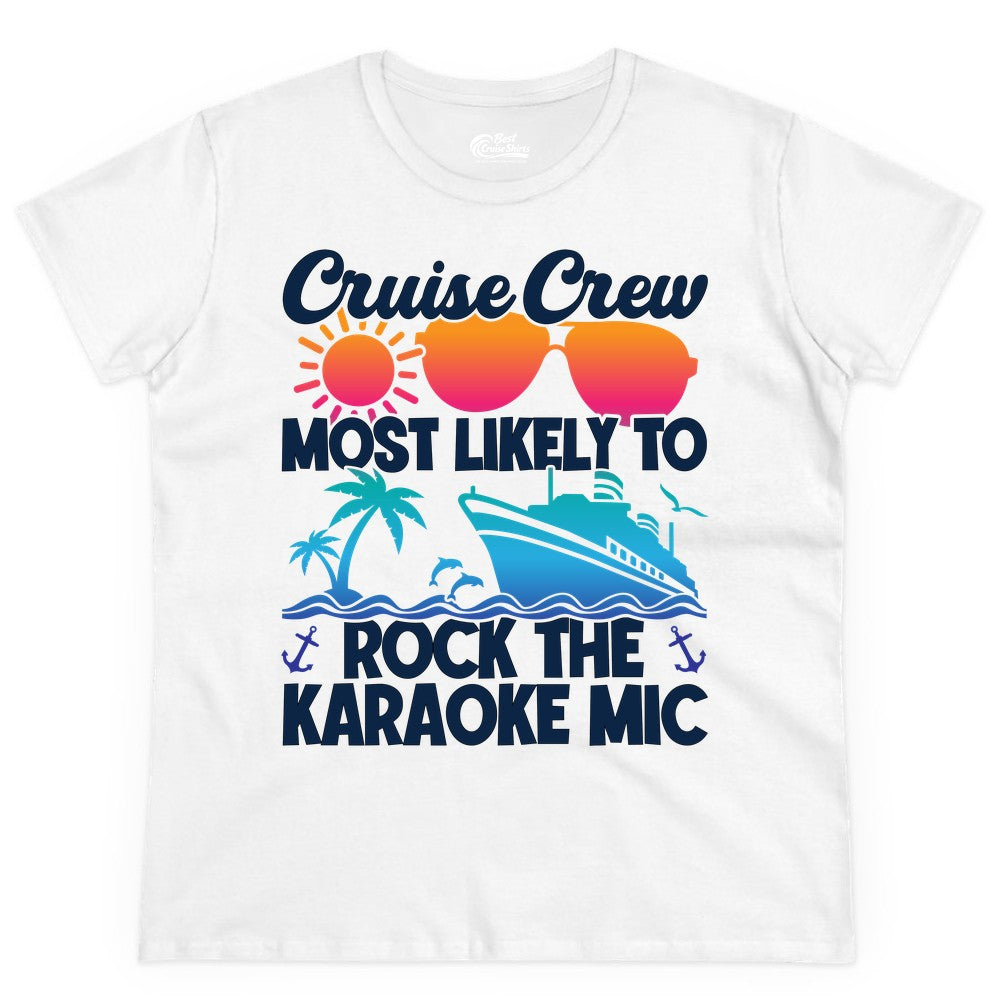 Cruise Crew Shirt - Fun Karaoke Party Vacation Group Apparel (Ladies Tee) in White - Cruise Crew Karaoke Party Shirt - Tropical Sunset Sunglasses Design