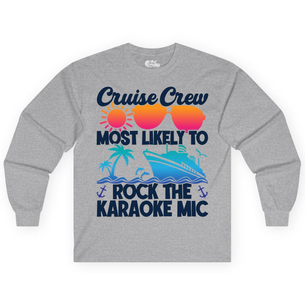Cruise Crew Shirt - Fun Karaoke Party Vacation Group Apparel (Long Sleeve) in Sport Grey - Cruise Crew Karaoke Party Shirt - Tropical Sunset Sunglasses Design