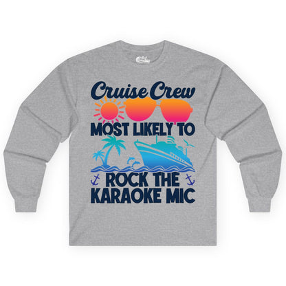 Cruise Crew Shirt - Fun Karaoke Party Vacation Group Apparel (Long Sleeve) in Sport Grey - Cruise Crew Karaoke Party Shirt - Tropical Sunset Sunglasses Design