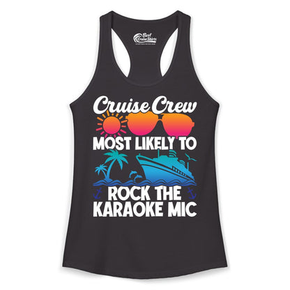 Cruise Crew Shirt - Fun Karaoke Party Vacation Group Apparel (Ladies Tank) in Black - Cruise Crew Karaoke Party Shirt - Tropical Sunset Sunglasses Design