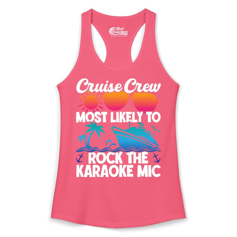 Cruise Crew Shirt - Fun Karaoke Party Vacation Group Apparel (Ladies Tank) in Hot Pink - Cruise Crew Karaoke Party Shirt - Tropical Sunset Sunglasses Design