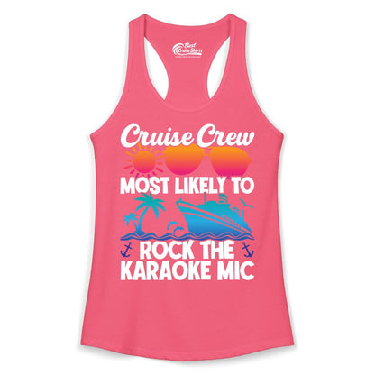 Cruise Crew Shirt - Fun Karaoke Party Vacation Group Apparel (Ladies Tank) in Hot Pink - Cruise Crew Karaoke Party Shirt - Tropical Sunset Sunglasses Design