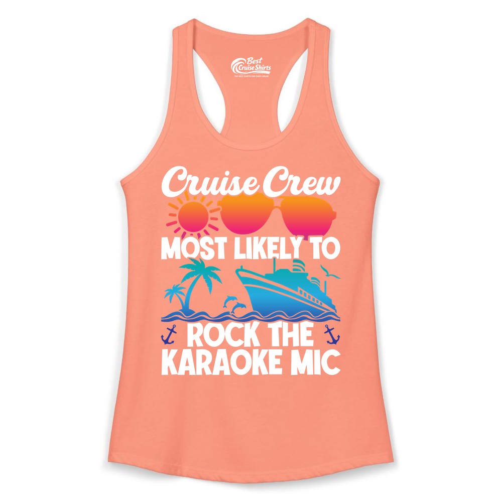 Cruise Crew Shirt - Fun Karaoke Party Vacation Group Apparel (Ladies Tank) in Solid Light Orange - Cruise Crew Karaoke Party Shirt - Tropical Sunset Sunglasses Design
