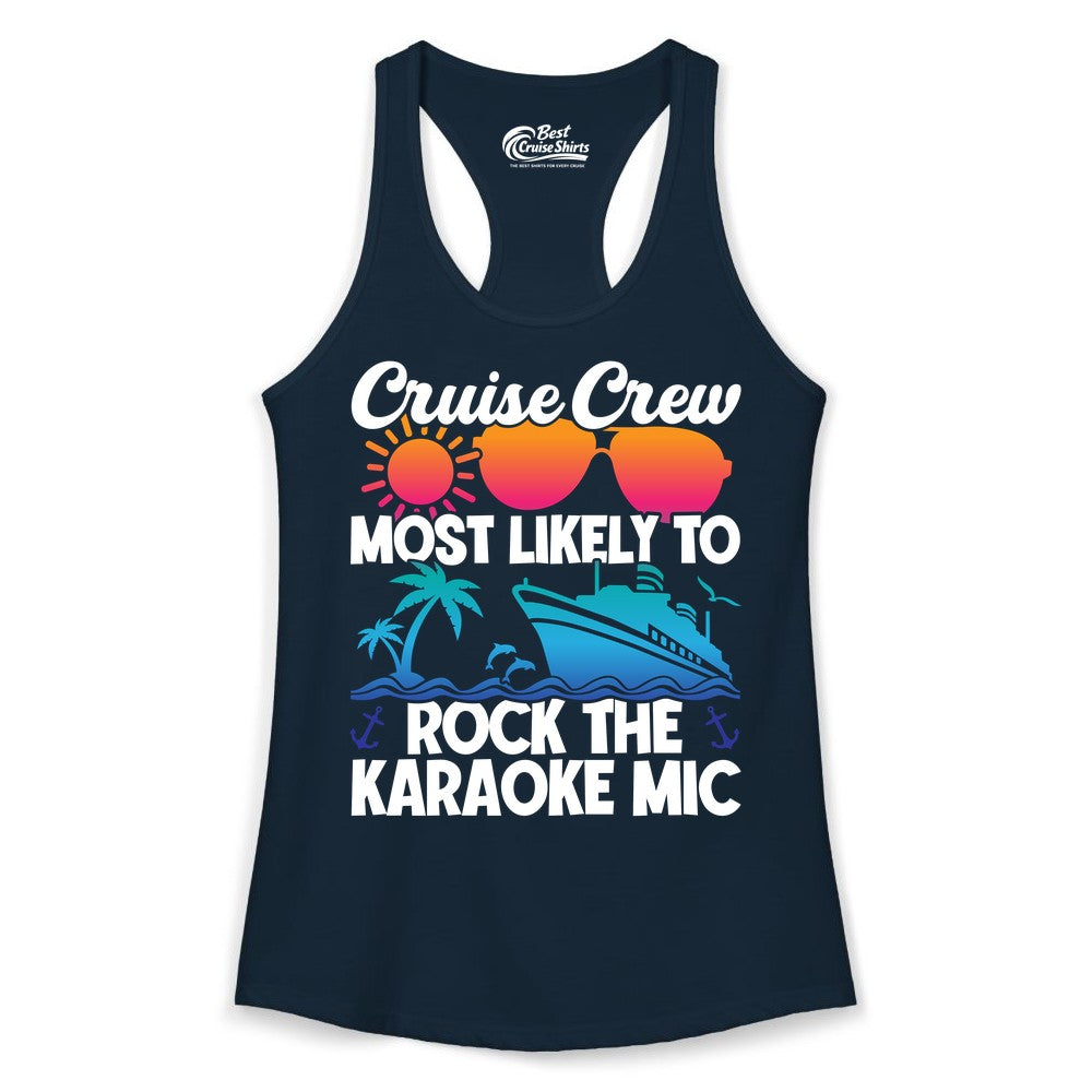 Cruise Crew Shirt - Fun Karaoke Party Vacation Group Apparel (Ladies Tank) in Solid Midnight Navy - Cruise Crew Karaoke Party Shirt - Tropical Sunset Sunglasses Design
