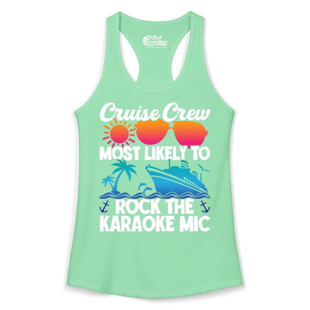 Cruise Crew Shirt - Fun Karaoke Party Vacation Group Apparel (Ladies Tank) in Solid Mint - Cruise Crew Karaoke Party Shirt - Tropical Sunset Sunglasses Design