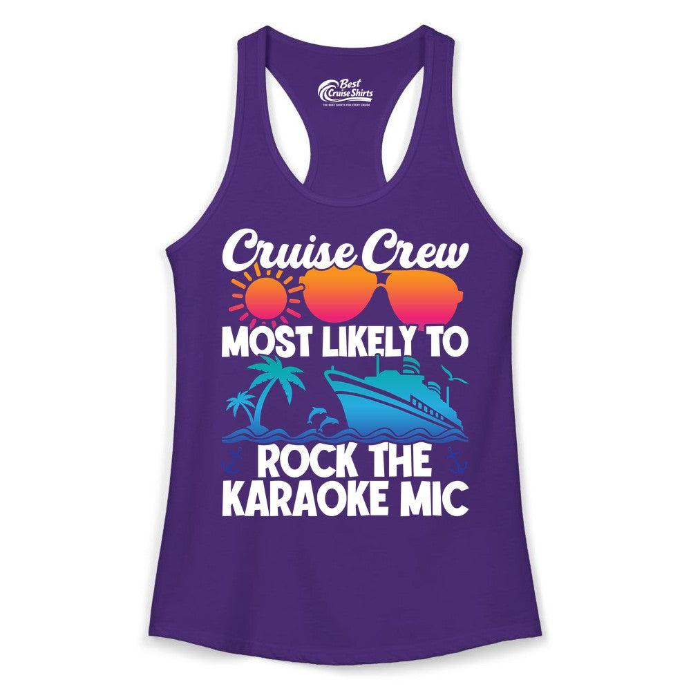 Cruise Crew Shirt - Fun Karaoke Party Vacation Group Apparel (Ladies Tank) in Solid Purple Rush - Cruise Crew Karaoke Party Shirt - Tropical Sunset Sunglasses Design