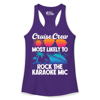 Cruise Crew Shirt - Fun Karaoke Party Vacation Group Apparel (Ladies Tank) in Solid Purple Rush - Cruise Crew Karaoke Party Shirt - Tropical Sunset Sunglasses Design