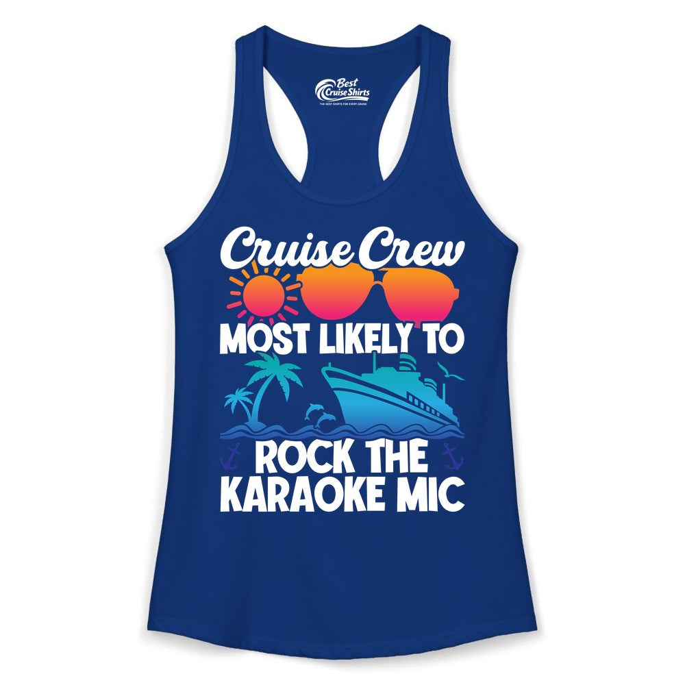 Cruise Crew Shirt - Fun Karaoke Party Vacation Group Apparel (Ladies Tank) in Solid Royal - Cruise Crew Karaoke Party Shirt - Tropical Sunset Sunglasses Design