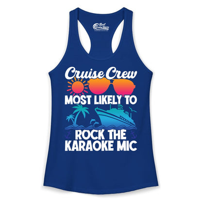Cruise Crew Shirt - Fun Karaoke Party Vacation Group Apparel (Ladies Tank) in Solid Royal - Cruise Crew Karaoke Party Shirt - Tropical Sunset Sunglasses Design