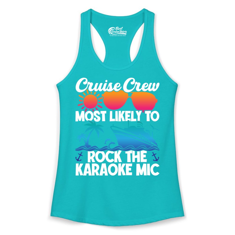 Cruise Crew Shirt - Fun Karaoke Party Vacation Group Apparel (Ladies Tank) in Tahiti Blue - Cruise Crew Karaoke Party Shirt - Tropical Sunset Sunglasses Design