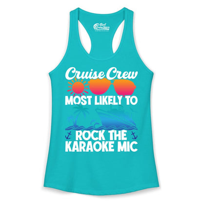 Cruise Crew Shirt - Fun Karaoke Party Vacation Group Apparel (Ladies Tank) in Tahiti Blue - Cruise Crew Karaoke Party Shirt - Tropical Sunset Sunglasses Design