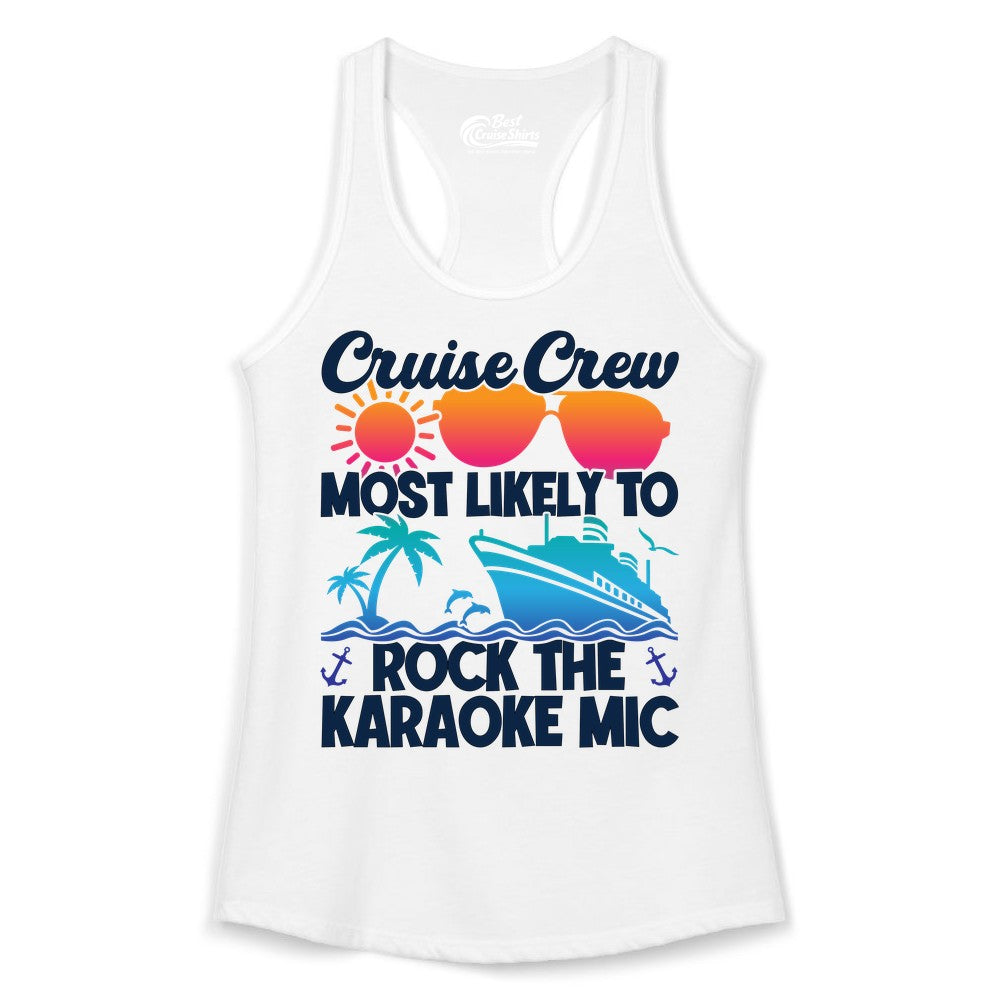 Cruise Crew Shirt - Fun Karaoke Party Vacation Group Apparel (Ladies Tank) in White - Cruise Crew Karaoke Party Shirt - Tropical Sunset Sunglasses Design