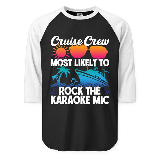 Cruise Crew Shirt - Fun Karaoke Party Vacation Group Apparel (Raglan) in BlackWhite - Cruise Crew Karaoke Party Shirt - Tropical Sunset Sunglasses Design
