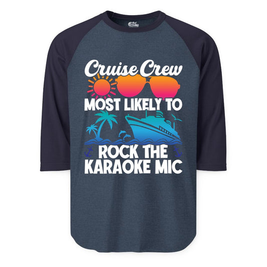 Cruise Crew Shirt - Fun Karaoke Party Vacation Group Apparel (Raglan) in Heather DenimNavy - Cruise Crew Karaoke Party Shirt - Tropical Sunset Sunglasses Design