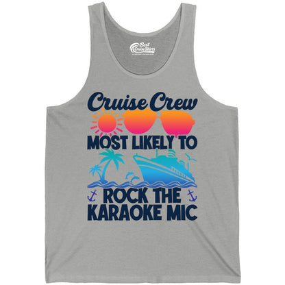 Cruise Crew Shirt - Fun Karaoke Party Vacation Group Apparel (Tank Top) in Athletic Heather - Cruise Crew Karaoke Party Shirt - Tropical Sunset Sunglasses Design