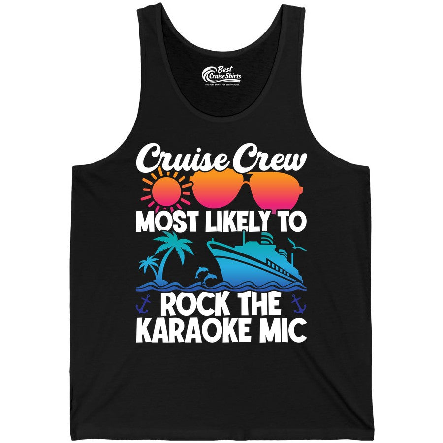 Cruise Crew Shirt - Fun Karaoke Party Vacation Group Apparel (Tank Top) in Black - Cruise Crew Karaoke Party Shirt - Tropical Sunset Sunglasses Design