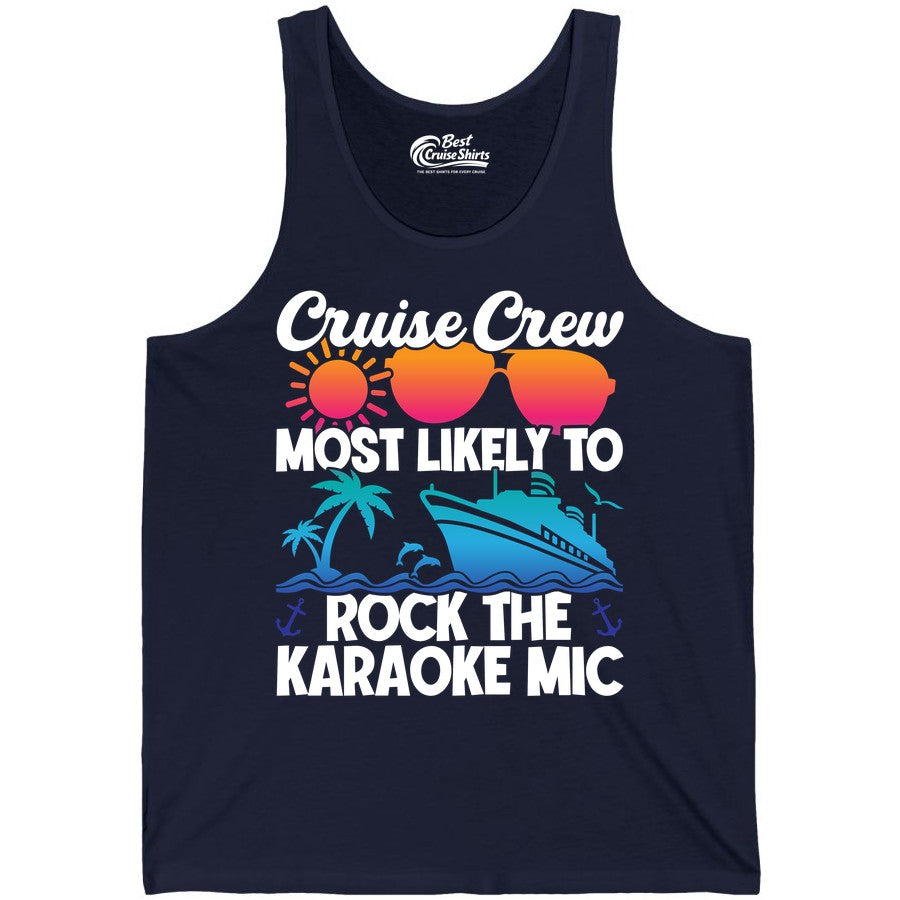 Cruise Crew Shirt - Fun Karaoke Party Vacation Group Apparel (Tank Top) in Navy - Cruise Crew Karaoke Party Shirt - Tropical Sunset Sunglasses Design