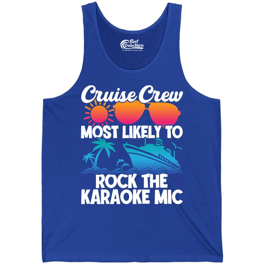 Cruise Crew Shirt - Fun Karaoke Party Vacation Group Apparel (Tank Top) in True Royal - Cruise Crew Karaoke Party Shirt - Tropical Sunset Sunglasses Design