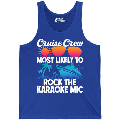 Cruise Crew Shirt - Fun Karaoke Party Vacation Group Apparel (Tank Top) in True Royal - Cruise Crew Karaoke Party Shirt - Tropical Sunset Sunglasses Design