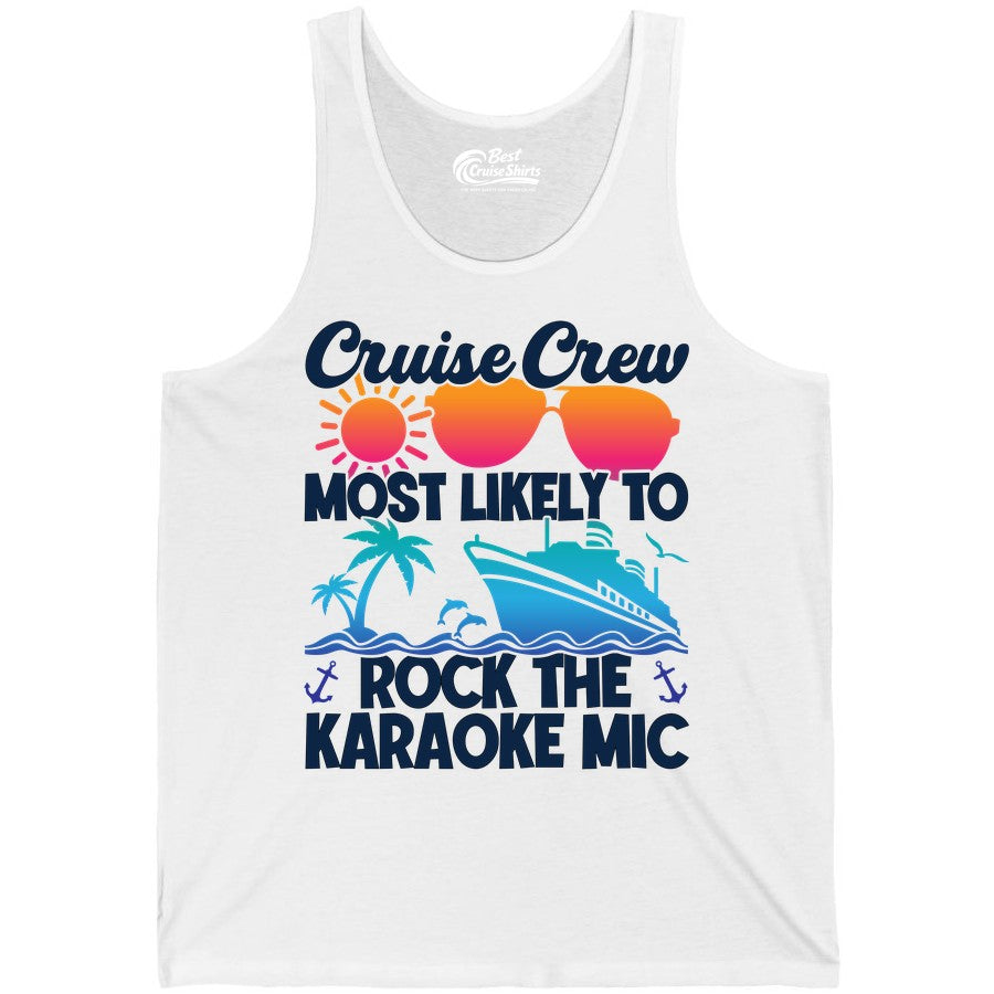 Cruise Crew Shirt - Fun Karaoke Party Vacation Group Apparel (Tank Top) in White - Cruise Crew Karaoke Party Shirt - Tropical Sunset Sunglasses Design