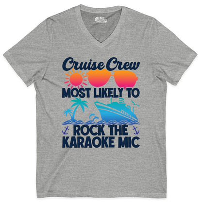 Cruise Crew Shirt - Fun Karaoke Party Vacation Group Apparel (V-Neck) in Athletic Heather - Cruise Crew Karaoke Party Shirt - Tropical Sunset Sunglasses Design