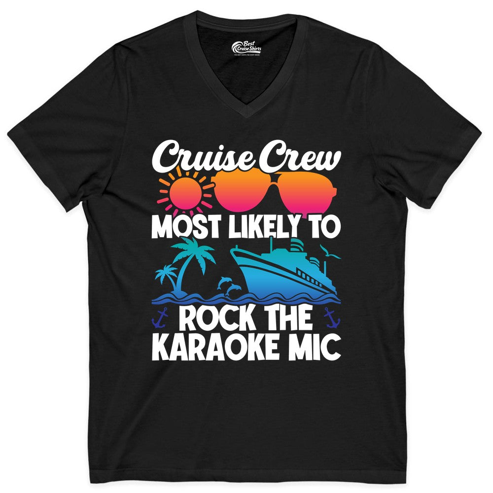 Cruise Crew Shirt - Fun Karaoke Party Vacation Group Apparel (V-Neck) in Black - Cruise Crew Karaoke Party Shirt - Tropical Sunset Sunglasses Design
