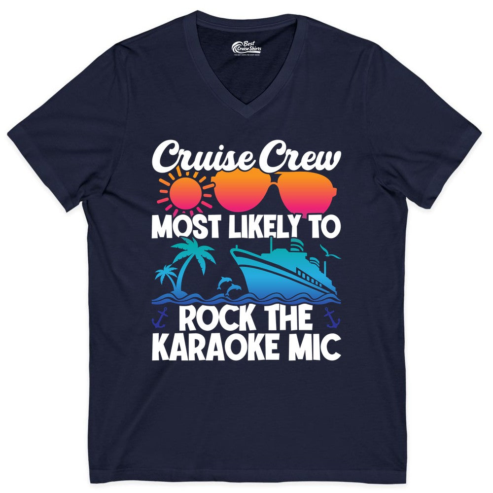 Cruise Crew Shirt - Fun Karaoke Party Vacation Group Apparel (V-Neck) in Navy - Cruise Crew Karaoke Party Shirt - Tropical Sunset Sunglasses Design