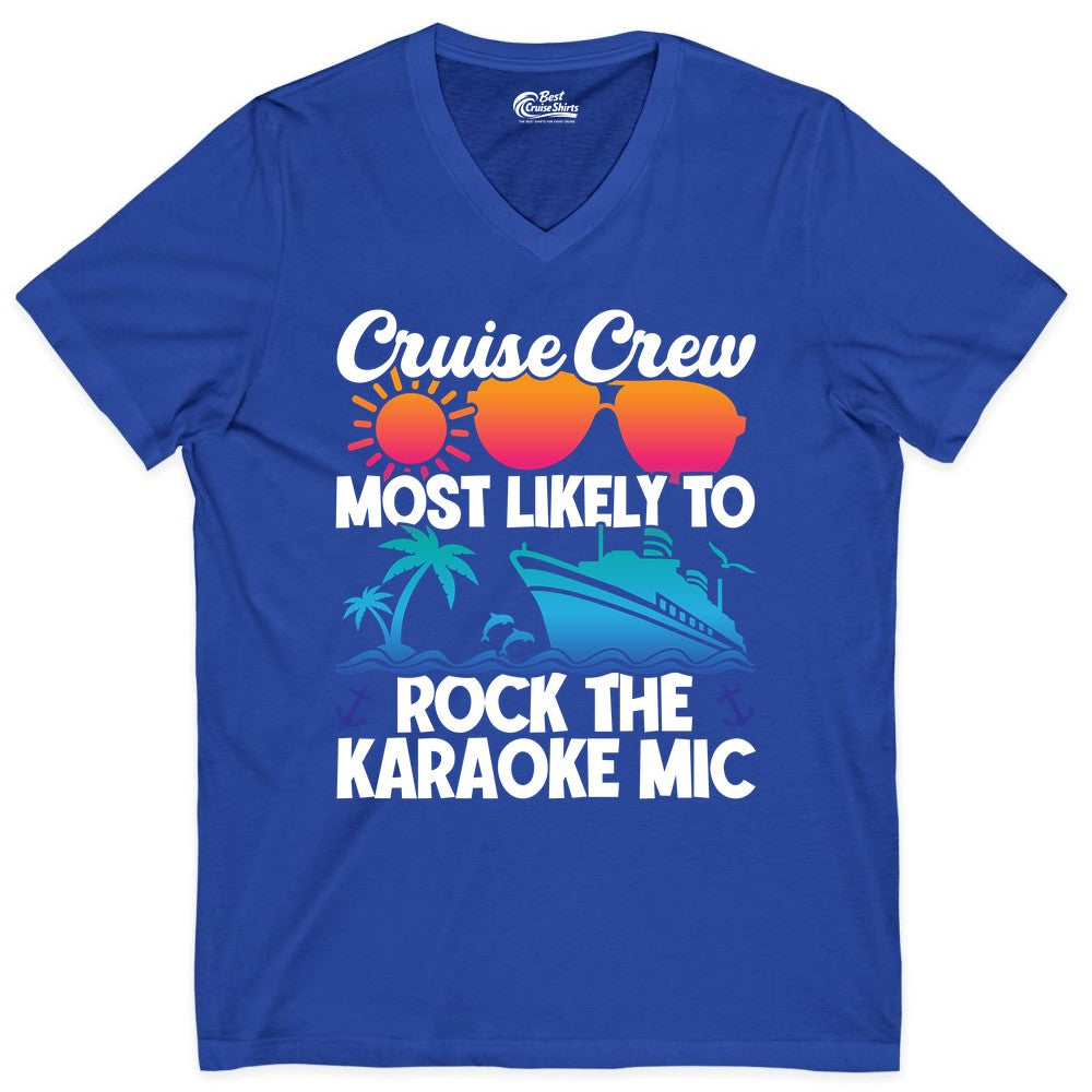 Cruise Crew Shirt - Fun Karaoke Party Vacation Group Apparel (V-Neck) in True Royal - Cruise Crew Karaoke Party Shirt - Tropical Sunset Sunglasses Design