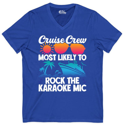 Cruise Crew Shirt - Fun Karaoke Party Vacation Group Apparel (V-Neck) in True Royal - Cruise Crew Karaoke Party Shirt - Tropical Sunset Sunglasses Design