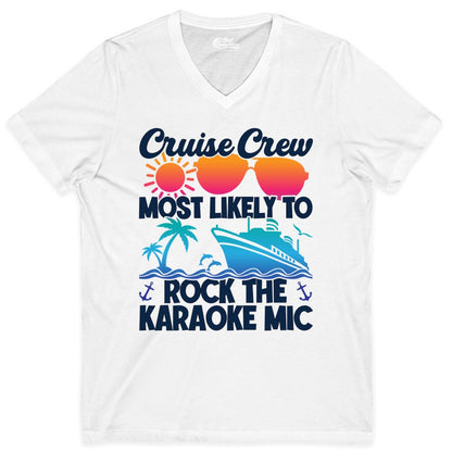 Cruise Crew Shirt - Fun Karaoke Party Vacation Group Apparel (V-Neck) in White - Cruise Crew Karaoke Party Shirt - Tropical Sunset Sunglasses Design