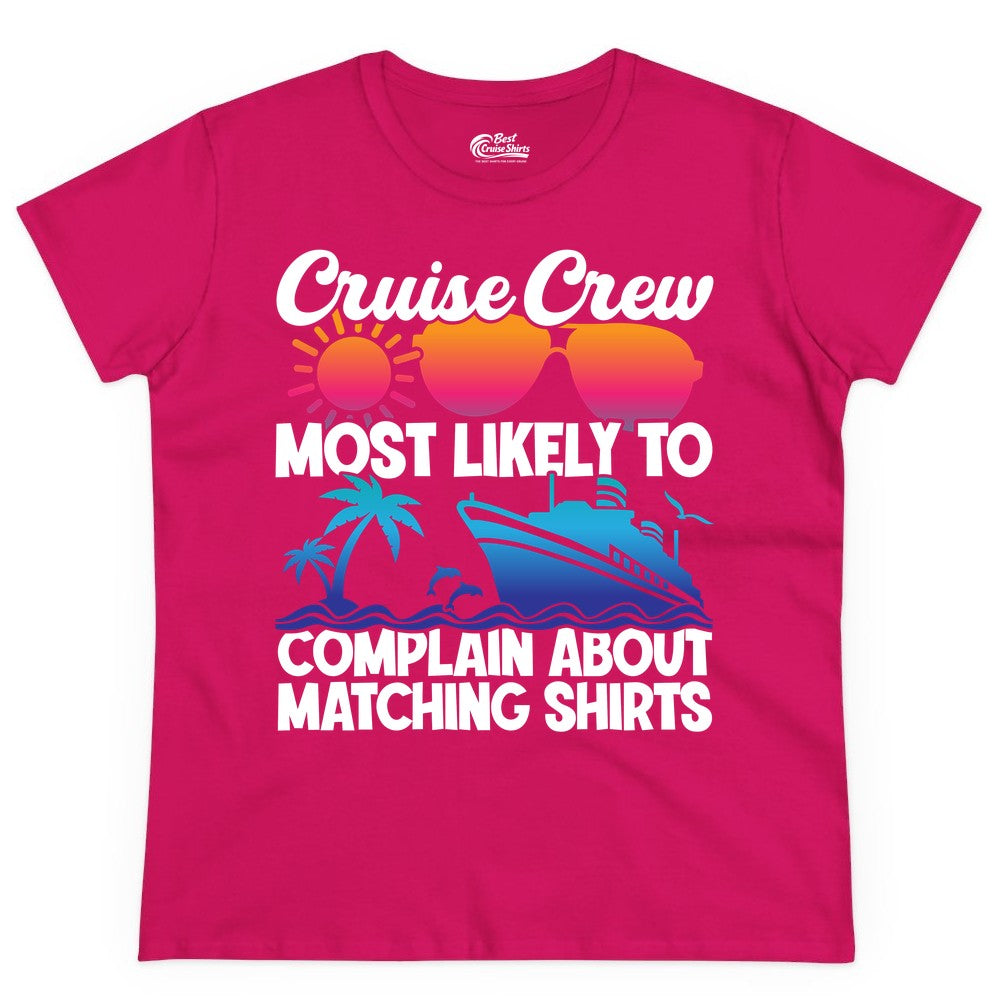 Cruise Crew Shirt - Funny Matching Group Vacation Tee for Cruises (Ladies Tee) in Heliconia - Cruise Crew Funny Matching Shirt Bold Sunglasses Tropical Ship Tee