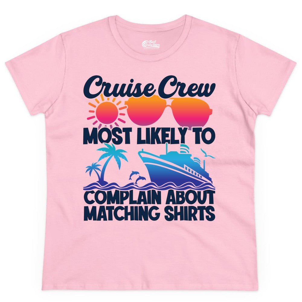 Cruise Crew Shirt - Funny Matching Group Vacation Tee for Cruises (Ladies Tee) in Light Pink - Cruise Crew Funny Matching Shirt Bold Sunglasses Tropical Ship Tee