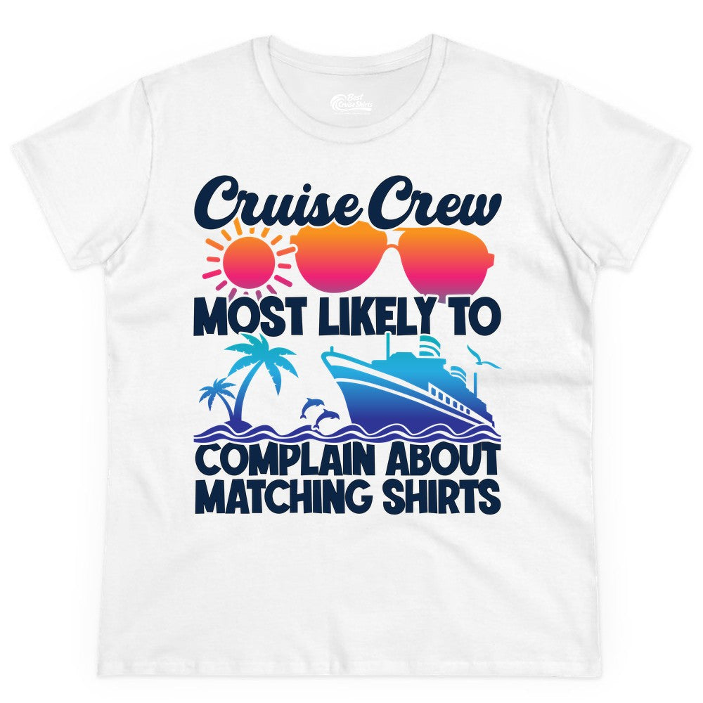 Cruise Crew Shirt - Funny Matching Group Vacation Tee for Cruises (Ladies Tee) in White - Cruise Crew Funny Matching Shirt Bold Sunglasses Tropical Ship Tee