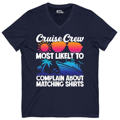 Cruise Crew Shirt - Funny Matching Group Vacation Tee for Cruises (V-Neck) in Navy - Cruise Crew Funny Matching Shirt Bold Sunglasses Tropical Ship Tee